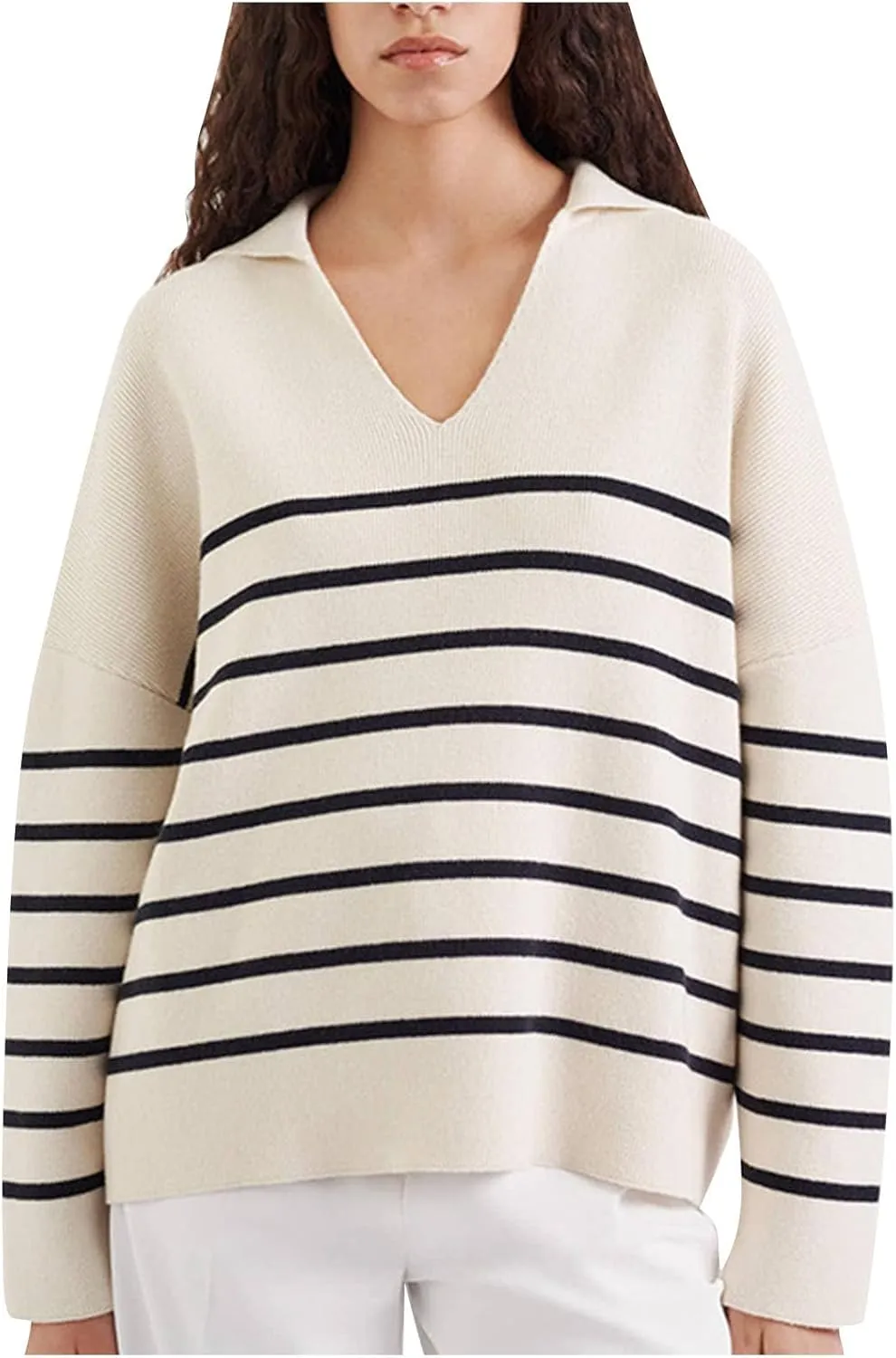 Striped Sweater Women Casual Long Sleeve Fall Sweaters V Neck Soft Ribbed Knitted Oversized Pullover Loose Fit Jumper