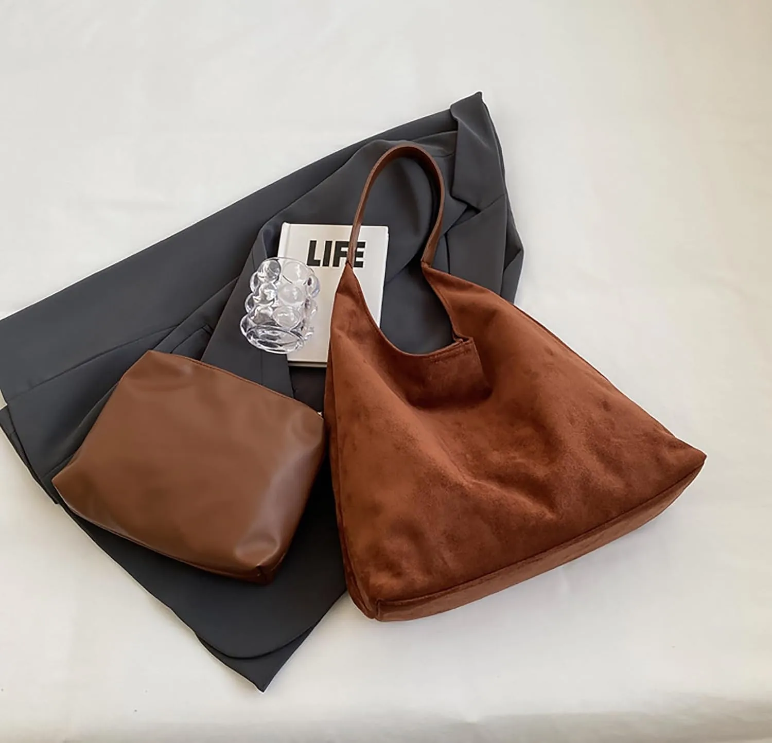 Suede Bag for Women Brown Suede Bag Large Suede Handbags Leisure Suede Hobo Bag for Work Travel Shopping