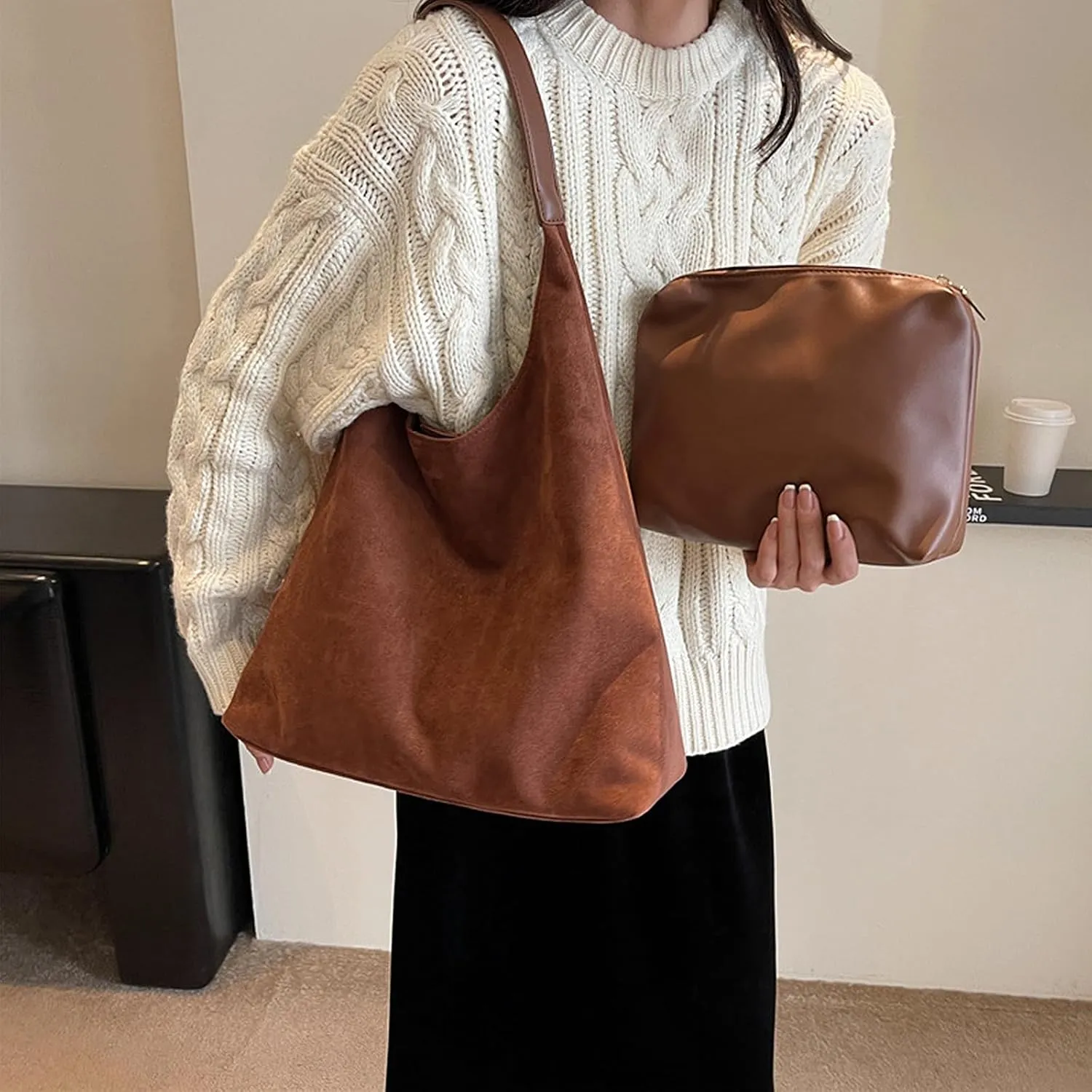 Suede Bag for Women Brown Suede Bag Large Suede Handbags Leisure Suede Hobo Bag for Work Travel Shopping
