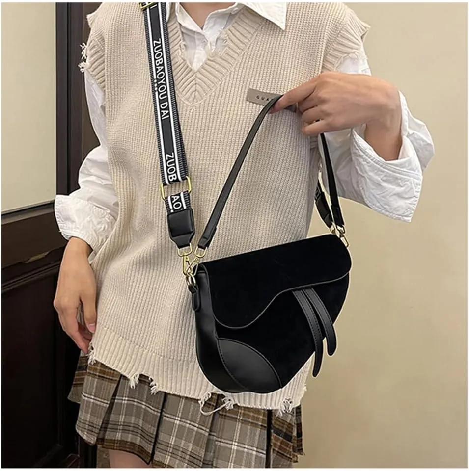 Suede Saddle Bag with Guitar Strap Suede Shoulder Crossbody Bag Vintage Suede Saddle Handbag Suede Hobo Tote Bag