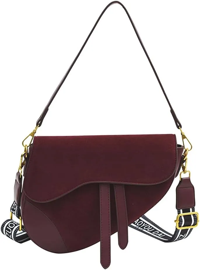 Suede Saddle Bag with Guitar Strap Suede Shoulder Crossbody Bag Vintage Suede Saddle Handbag Suede Hobo Tote Bag