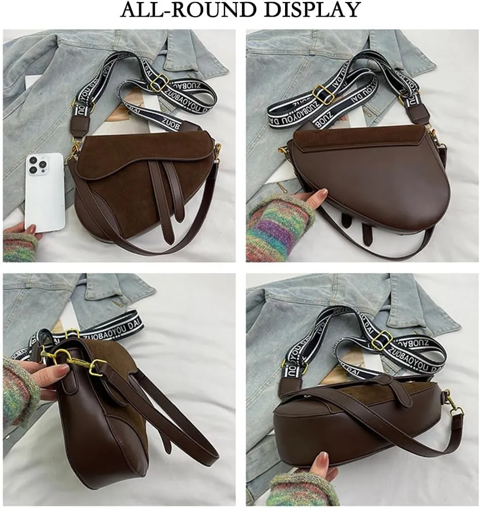 Suede Saddle Bag with Guitar Strap Suede Shoulder Crossbody Bag Vintage Suede Saddle Handbag Suede Hobo Tote Bag