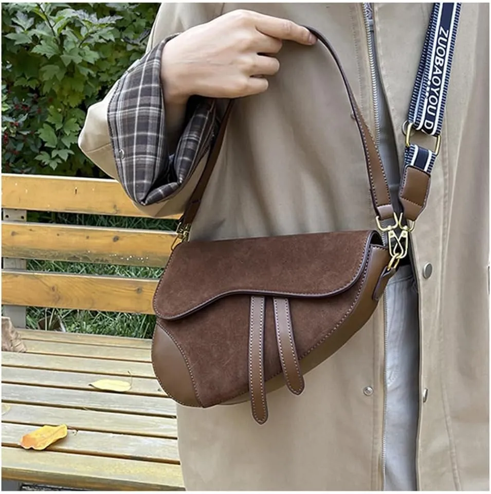 Suede Saddle Bag with Guitar Strap Suede Shoulder Crossbody Bag Vintage Suede Saddle Handbag Suede Hobo Tote Bag