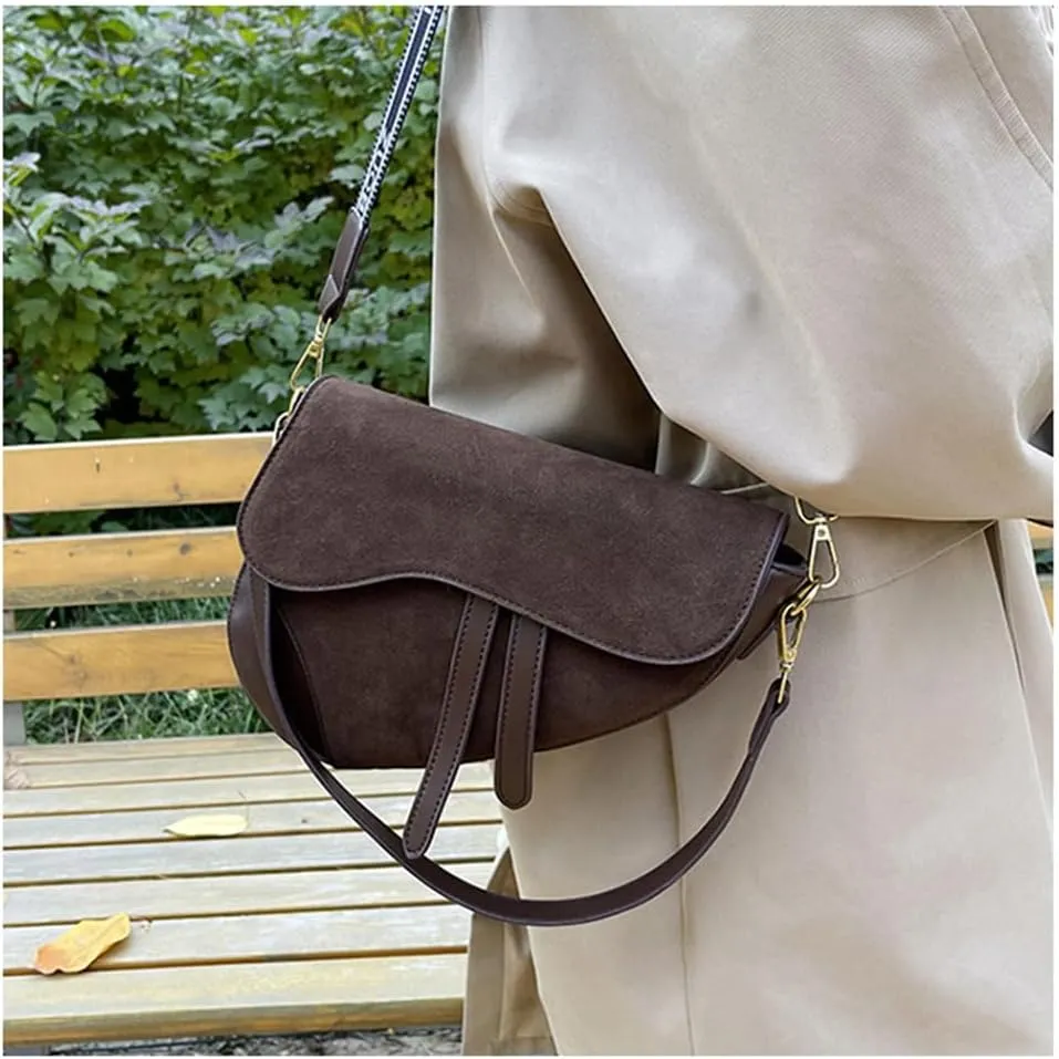 Suede Saddle Bag with Guitar Strap Suede Shoulder Crossbody Bag Vintage Suede Saddle Handbag Suede Hobo Tote Bag