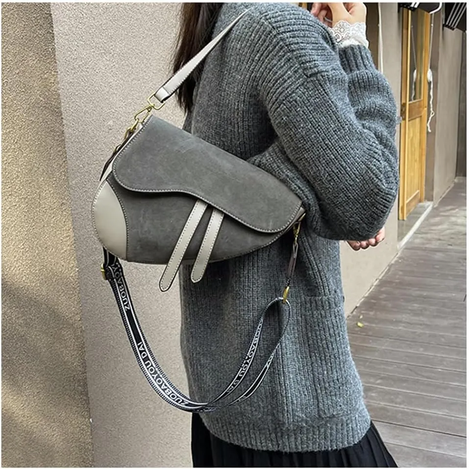 Suede Saddle Bag with Guitar Strap Suede Shoulder Crossbody Bag Vintage Suede Saddle Handbag Suede Hobo Tote Bag