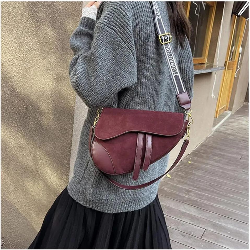 Suede Saddle Bag with Guitar Strap Suede Shoulder Crossbody Bag Vintage Suede Saddle Handbag Suede Hobo Tote Bag