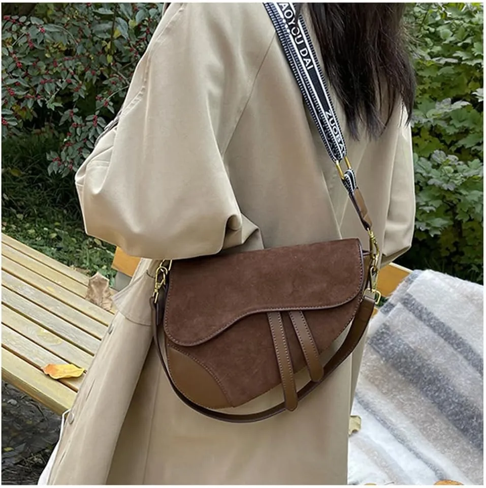 Suede Saddle Bag with Guitar Strap Suede Shoulder Crossbody Bag Vintage Suede Saddle Handbag Suede Hobo Tote Bag
