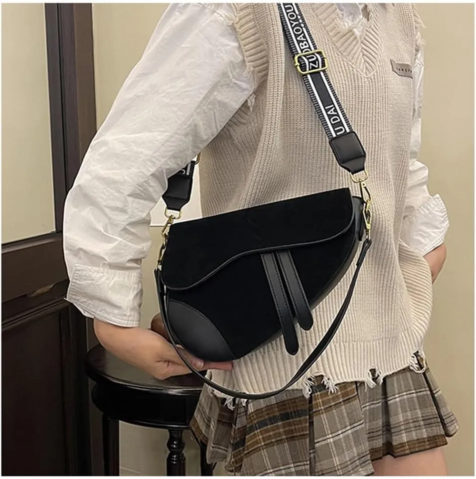 Suede Saddle Bag with Guitar Strap Suede Shoulder Crossbody Bag Vintage Suede Saddle Handbag Suede Hobo Tote Bag