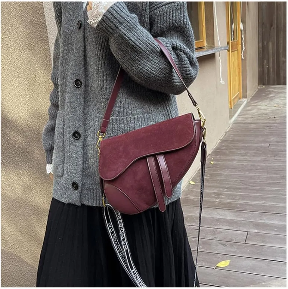 Suede Saddle Bag with Guitar Strap Suede Shoulder Crossbody Bag Vintage Suede Saddle Handbag Suede Hobo Tote Bag