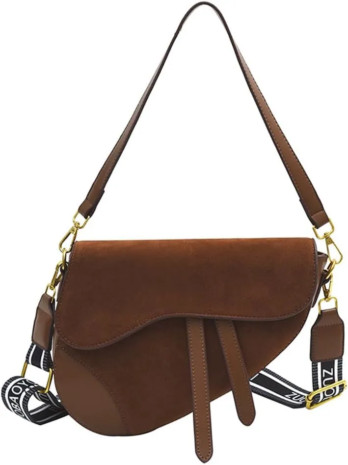 Suede Saddle Bag with Guitar Strap Suede Shoulder Crossbody Bag Vintage Suede Saddle Handbag Suede Hobo Tote Bag