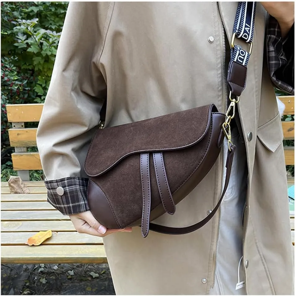 Suede Saddle Bag with Guitar Strap Suede Shoulder Crossbody Bag Vintage Suede Saddle Handbag Suede Hobo Tote Bag