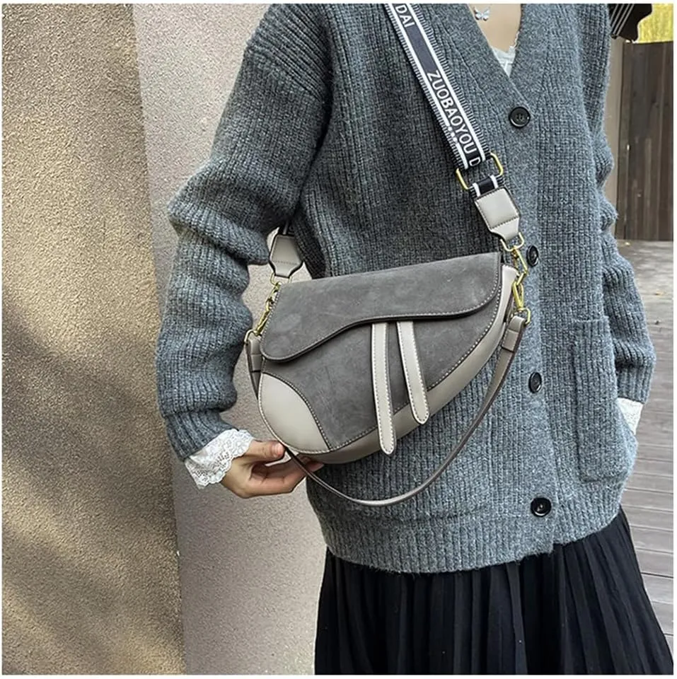 Suede Saddle Bag with Guitar Strap Suede Shoulder Crossbody Bag Vintage Suede Saddle Handbag Suede Hobo Tote Bag