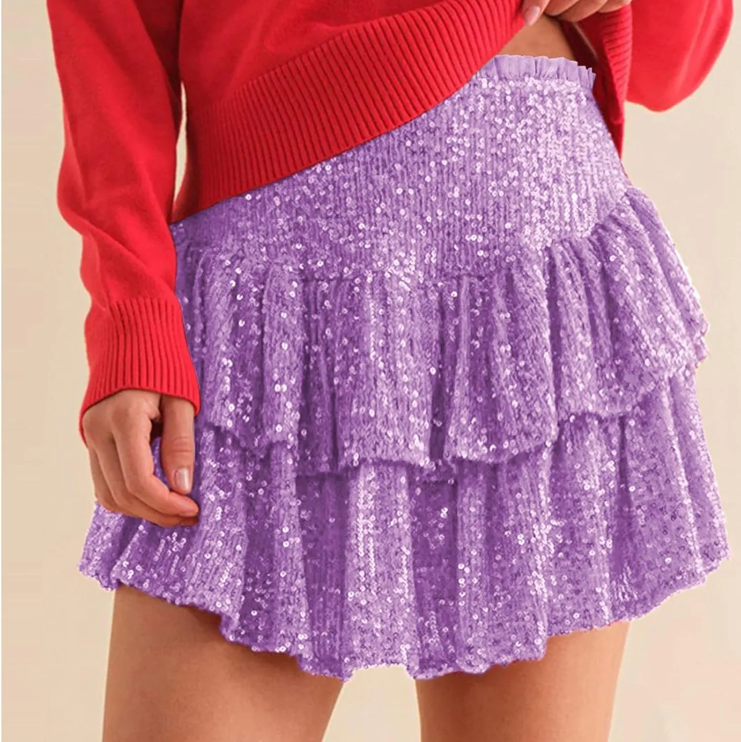 Summer Pleated Skirt for Women Sequin Invisible Zipper Short Skirt Solid Color Prom Party Casual Tiered Skirts