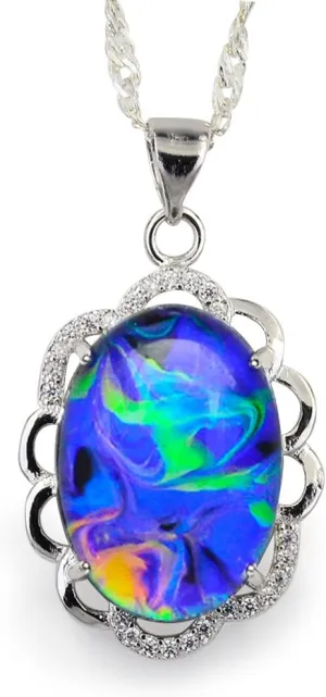 Swirl Color Change Oval Crystal Stone Brass Flower Pendant Mood Necklace 18" Silver Chain For Women