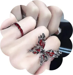 Taoqiao 2pcs Red Butterfly Ring Women Adjustable Fine Ring Statement Ring Birthstone Rings Gift Jewelry For Women