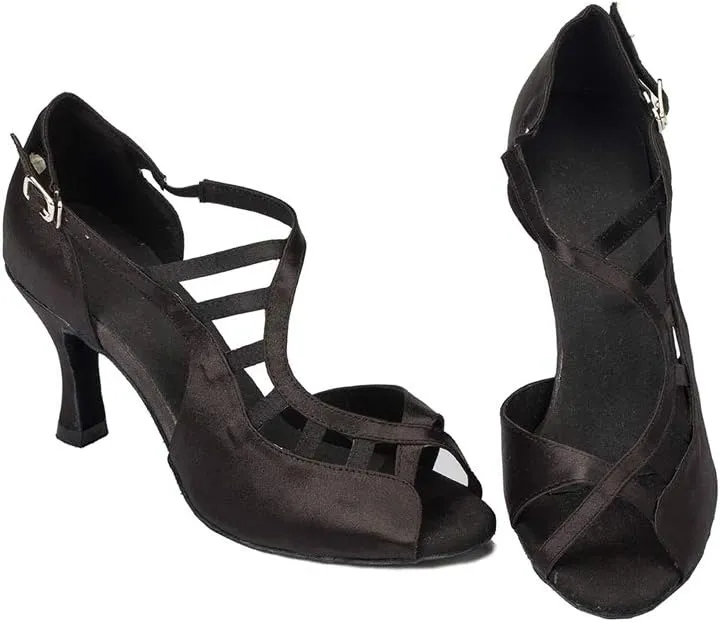 TDA Women's Peep Toe Ankle Strap Cut-out Satin Tango Salsa Latin Chacha Ballroom Dance Wedding Shoes