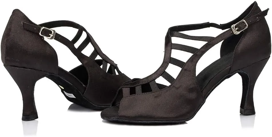 TDA Women's Peep Toe Ankle Strap Cut-out Satin Tango Salsa Latin Chacha Ballroom Dance Wedding Shoes