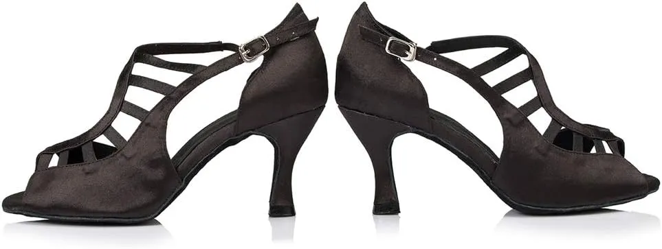 TDA Women's Peep Toe Ankle Strap Cut-out Satin Tango Salsa Latin Chacha Ballroom Dance Wedding Shoes