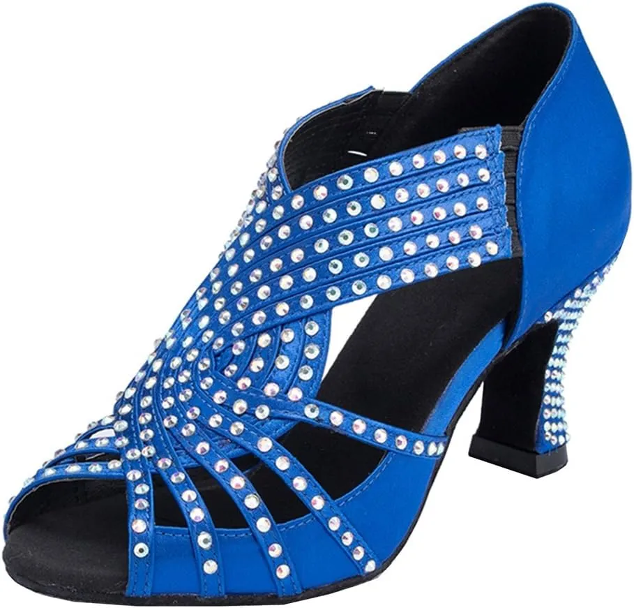 TDA Womens Zipper Mid Heel Blue Satin Crystals Latin Modern Salsa Tango Ballroom Wedding Dance Shoes 10 M US