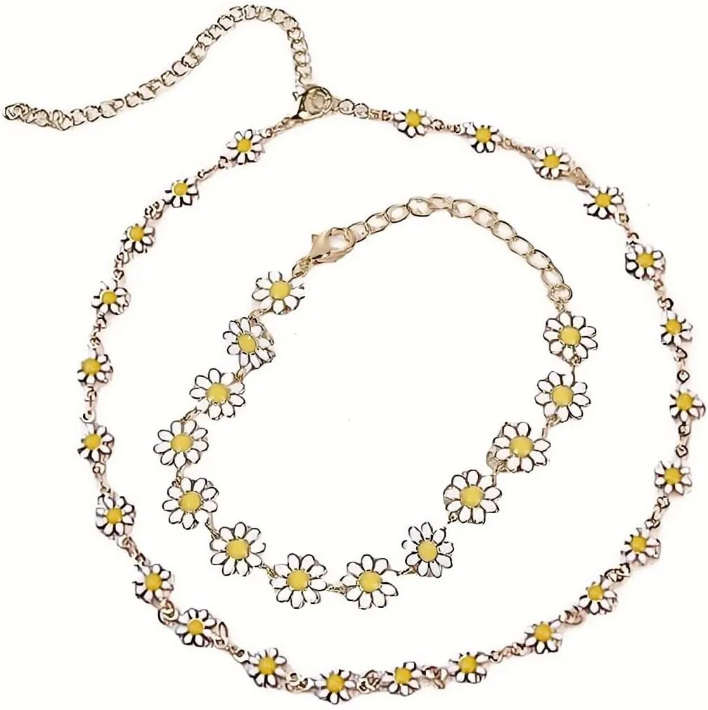 tenghong2021 Daisy Flower Necklace Bracelet for Women Bohemian Enamel Handmade Adjustable Gold Daisy Choker Necklace Bracele Spring Sunflower Daisy Bracelet for Women Party Beach Gifts Jewelry