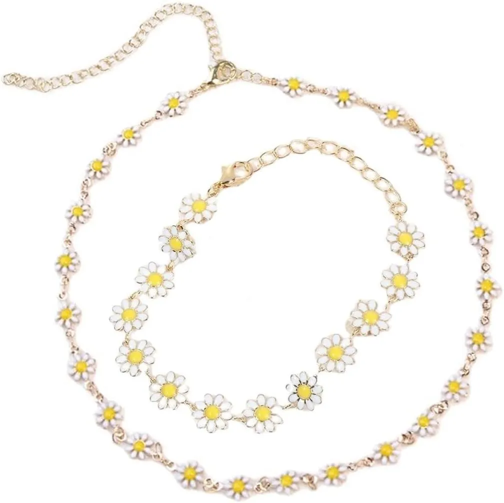 tenghong2021 Daisy Flower Necklace Bracelet for Women Bohemian Enamel Handmade Adjustable Gold Daisy Choker Necklace Bracele Spring Sunflower Daisy Bracelet for Women Party Beach Gifts Jewelry