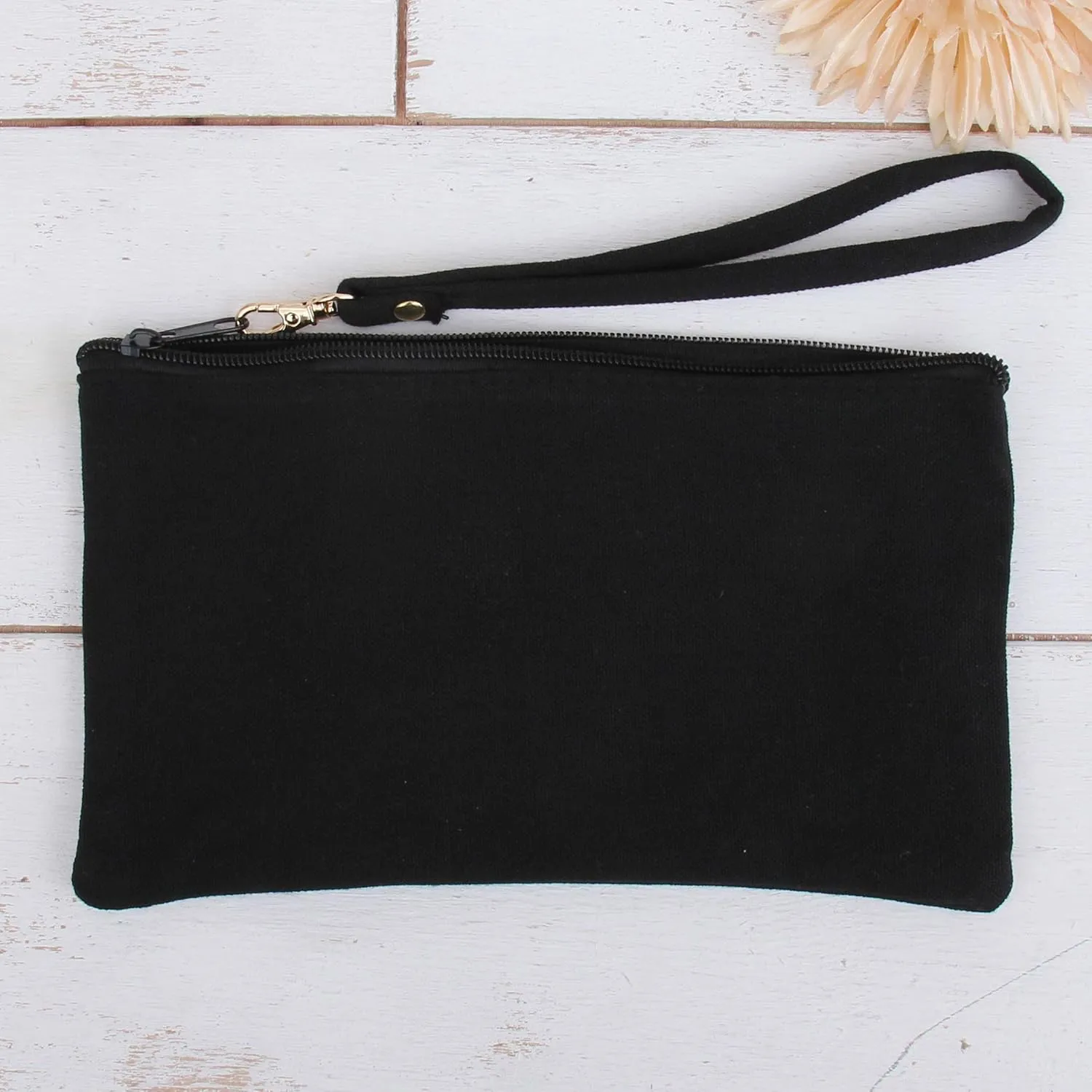 Threadart Cotton Canvas Small Wristlet Bag Make-up Organizer Makeup Bag - 100% Cotton Heavy Duty Canvas 5"x9" - Black