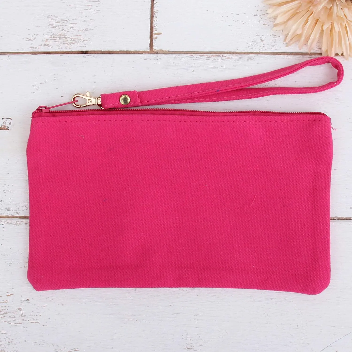 Threadart Cotton Canvas Small Wristlet Bag Make-up Organizer Makeup Bag - 100% Cotton Heavy Duty Canvas 5"x9" - Pink