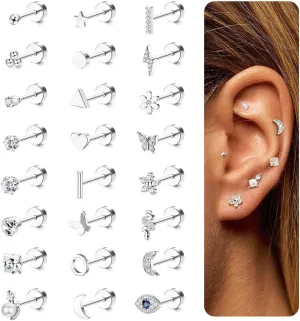 Thunaraz 24Pcs Surgical Steel Stud Earrings for Women Men 20G Tiny Cartilage Earrings Stud Small Snake Moon Star Butterfly Flower Hypoallergenic Screwback Flat Back Stud Earrings Piercing Jewelry