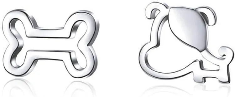 Tiny Small Dog Bone Stud Earrings for Women 925 Sterling Silver Pierced Ear Asymmetrical Cute Pupppy Animal Cartilage Tragus Post Hypoallergenic Minimalist Earrings Pet Lover