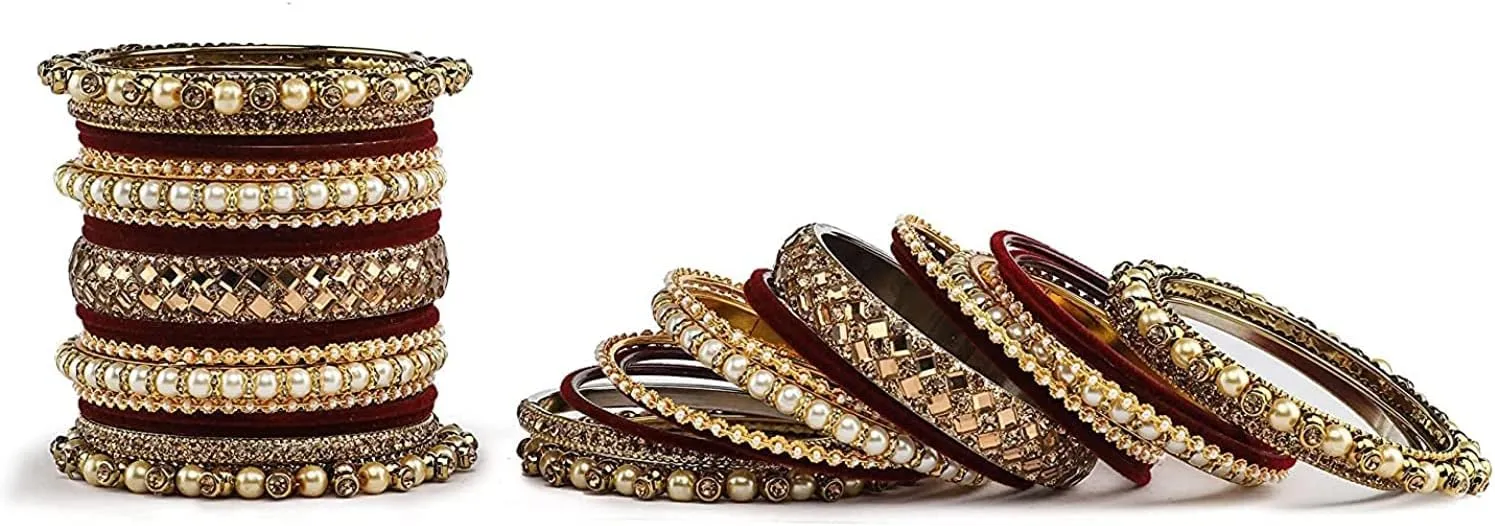Traditional Heavy Rich Pearl stone work Antique stylish Festival Wear Bridal Bangles set (pack of 38) (Maroon-1)
