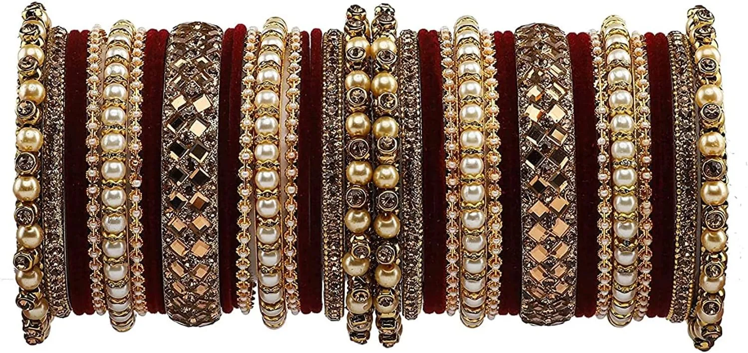 Traditional Heavy Rich Pearl stone work Antique stylish Festival Wear Bridal Bangles set (pack of 38) (Maroon-1)
