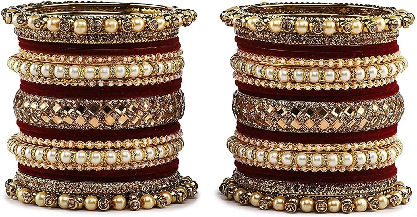 Traditional Heavy Rich Pearl stone work Antique stylish Festival Wear Bridal Bangles set (pack of 38) (Maroon-1)