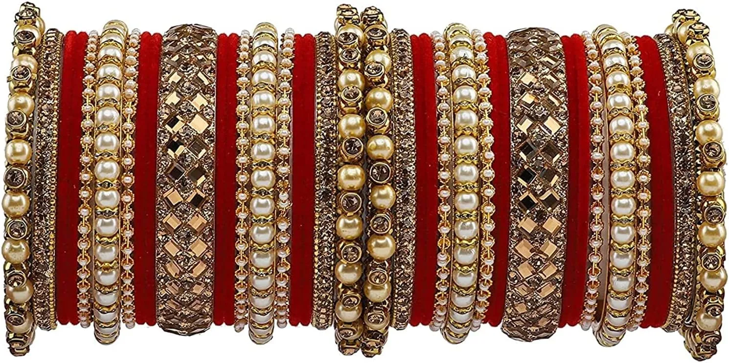 Traditional Heavy Rich Pearl stone work Antique stylish Festival Wear Bridal Bangles set (pack of 38) (Red)
