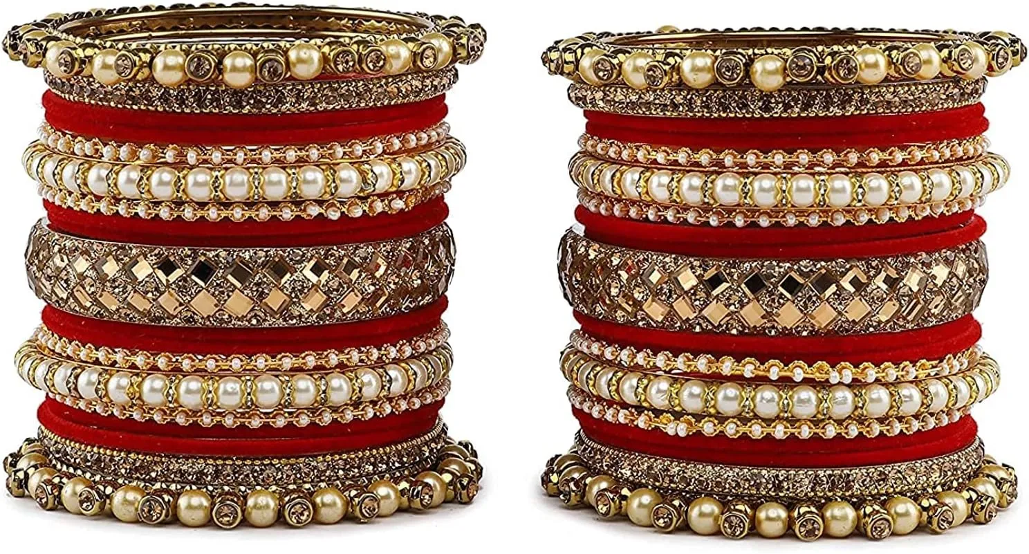 Traditional Heavy Rich Pearl stone work Antique stylish Festival Wear Bridal Bangles set (pack of 38) (Red)