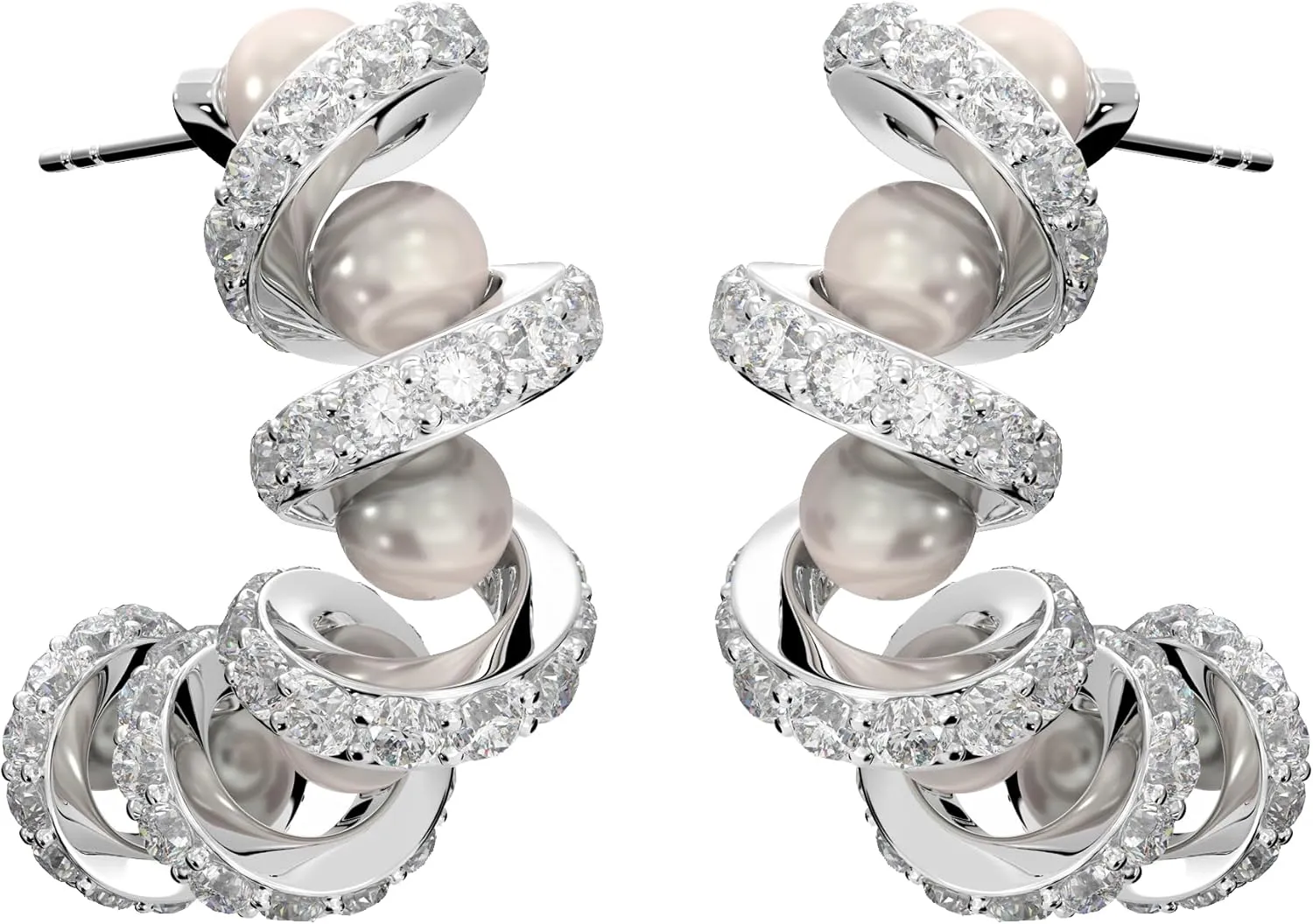 Trendy Twist/Spiral/C Shaped/Hoop Rotating Ribbon Bow Rhinestone Earrings, Artificial Pearl & Zirconium Copper Stud with 925 Silver Ear Pins, Sparkly Statement Jewelry for Women - Ideal Prom, Wedding Party Dress Accessories Gift