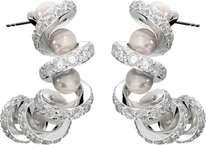 Trendy Twist/Spiral/C Shaped/Hoop Rotating Ribbon Bow Rhinestone Earrings, Artificial Pearl & Zirconium Copper Stud with 925 Silver Ear Pins, Sparkly Statement Jewelry for Women - Ideal Prom, Wedding Party Dress Accessories Gift