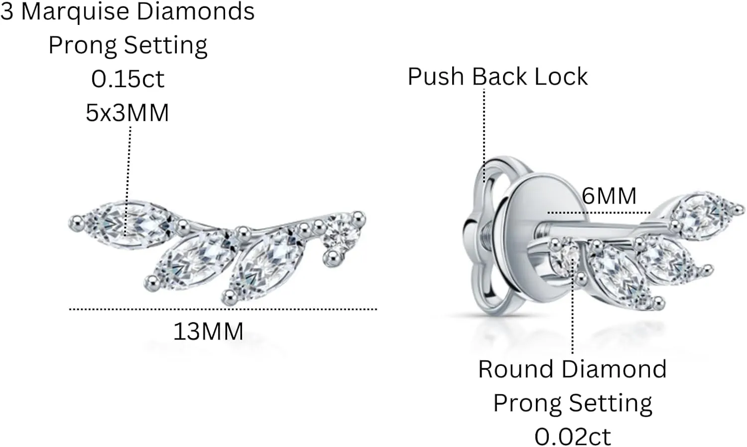 Triple Marquise Diamond (0.34ct) Stud, Lotus Flower Stud Earrings, 14k Gold Cluster Helix Piercing, Marquise Leaf Shape, Wedding Gif.