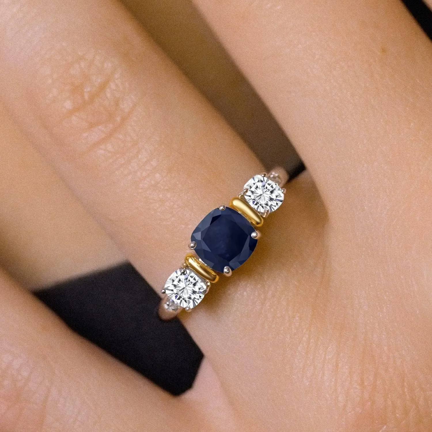 Two-Tone Gemstone Birthstone and White Moissanite 3-Stone Engagement Ring for Women | 925 Silver and 10K Yellow Gold | Cushion Cut 6MM and 4MM | Fine Jewelry for Wedding Anniversary | Sizes 5-9