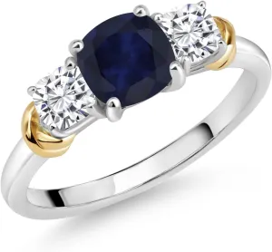 Two-Tone Gemstone Birthstone and White Moissanite 3-Stone Engagement Ring for Women | 925 Silver and 10K Yellow Gold | Cushion Cut 6MM and 4MM | Fine Jewelry for Wedding Anniversary | Sizes 5-9