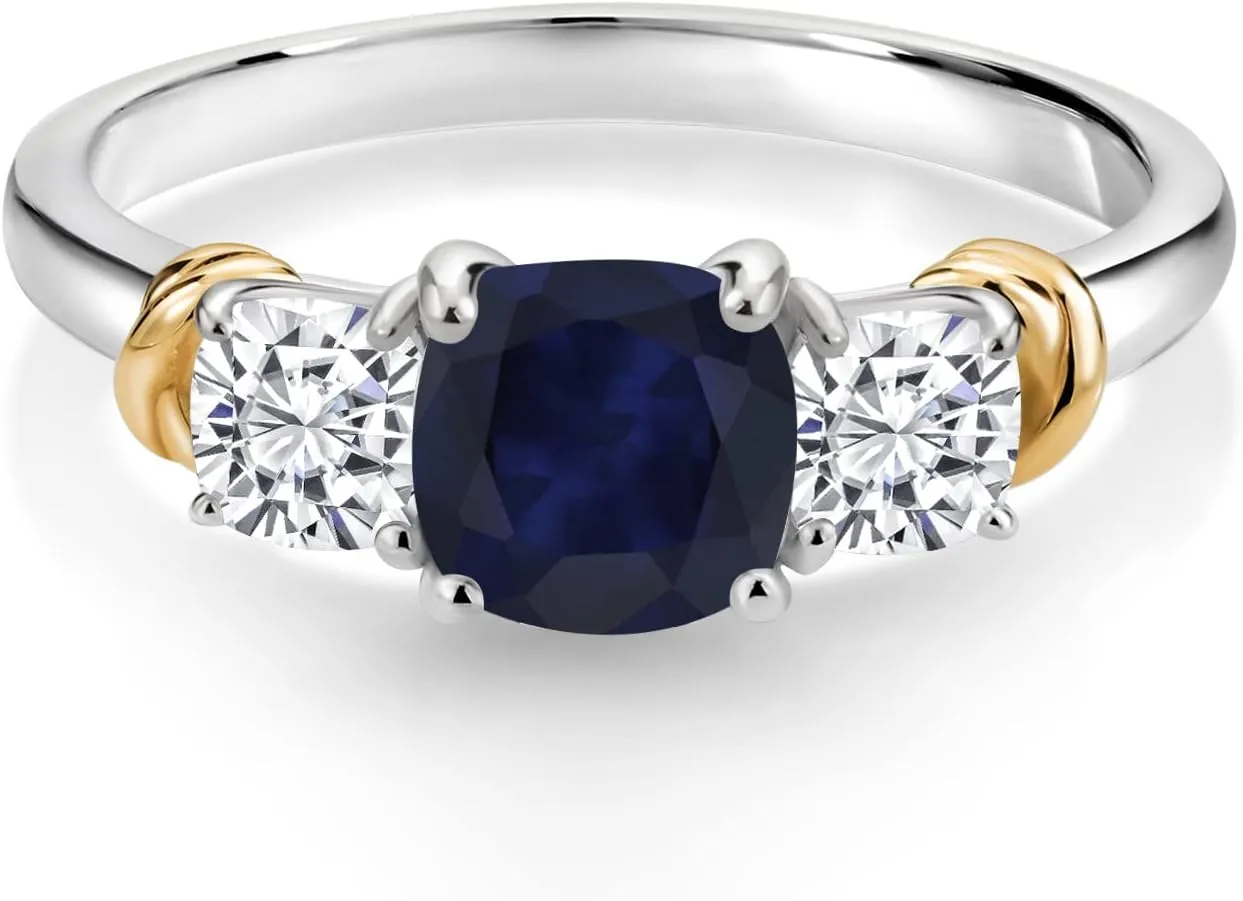 Two-Tone Gemstone Birthstone and White Moissanite 3-Stone Engagement Ring for Women | 925 Silver and 10K Yellow Gold | Cushion Cut 6MM and 4MM | Fine Jewelry for Wedding Anniversary | Sizes 5-9