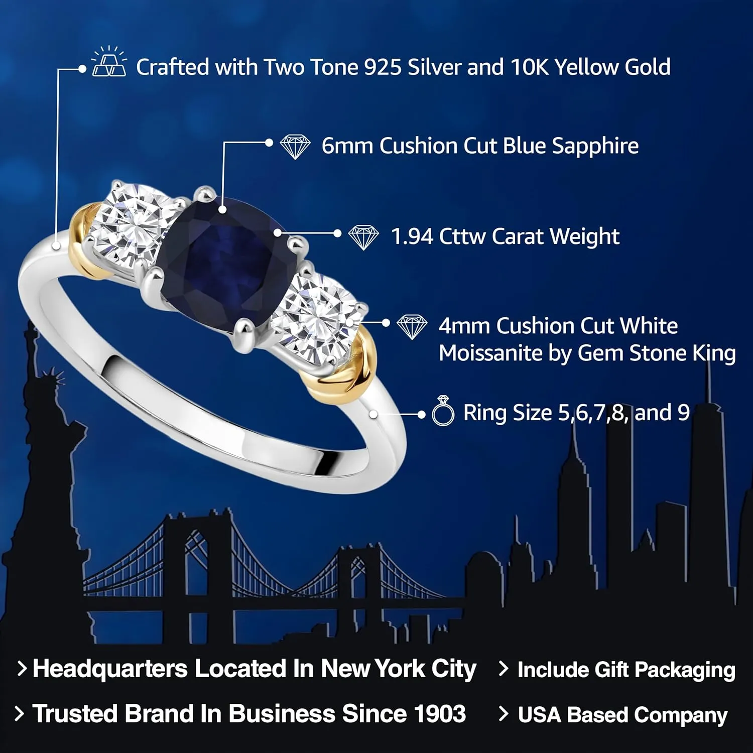Two-Tone Gemstone Birthstone and White Moissanite 3-Stone Engagement Ring for Women | 925 Silver and 10K Yellow Gold | Cushion Cut 6MM and 4MM | Fine Jewelry for Wedding Anniversary | Sizes 5-9