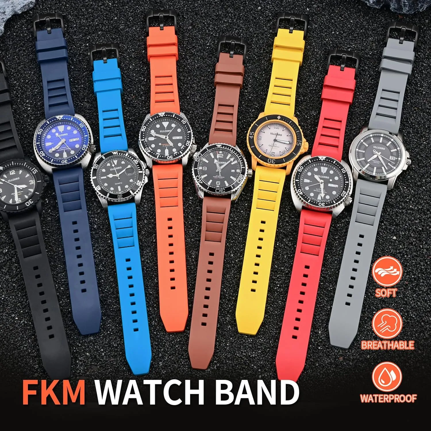 ULLCHRO Quick Release FKM Rubber Watch Bands Fluororubber Watch Band Replacement Strap for Men Women Soft Breathable Diving Strap with Black Buckle 19mm 20mm 21mm 22mm 24mm