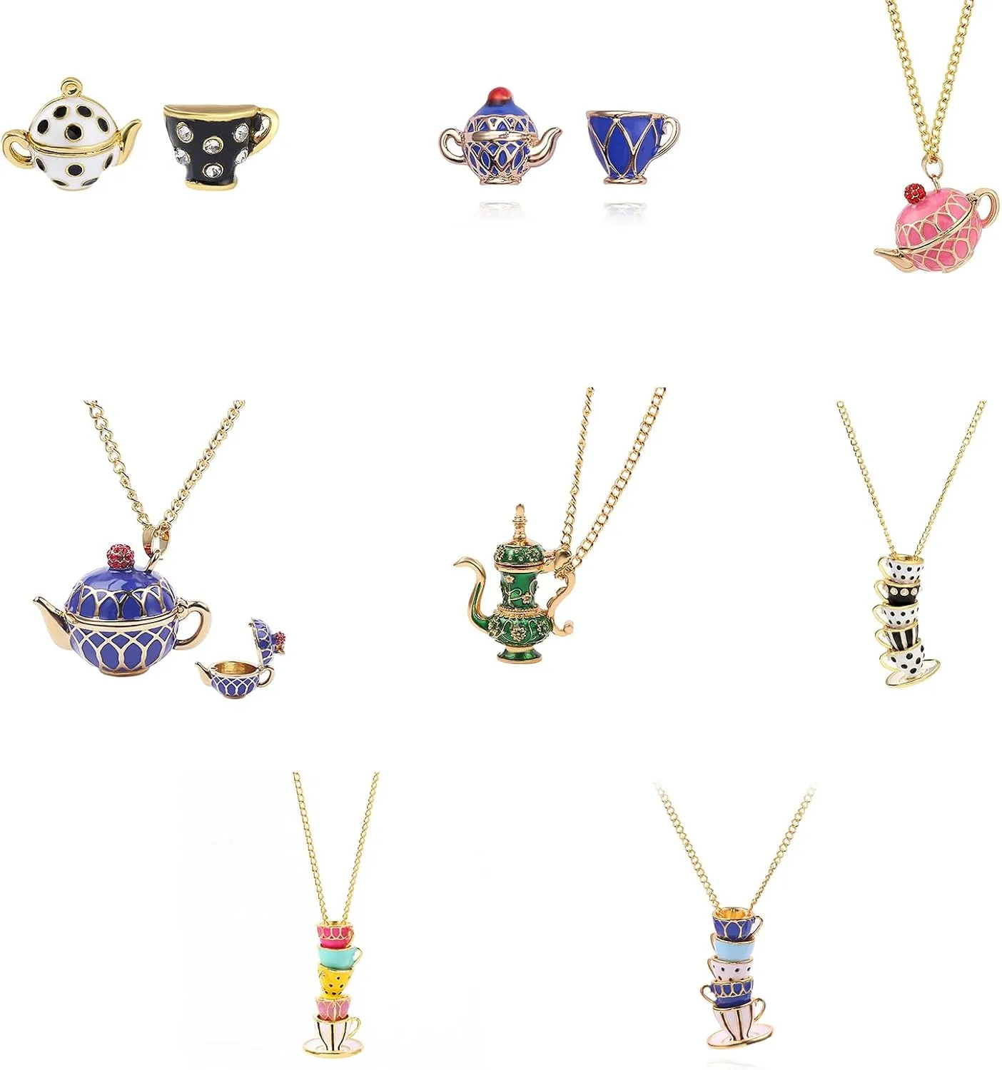 Unique Teapot Sweater Chain Necklace Pendant Necklace Teacup Studs Earring Alloy for Fashion Lover