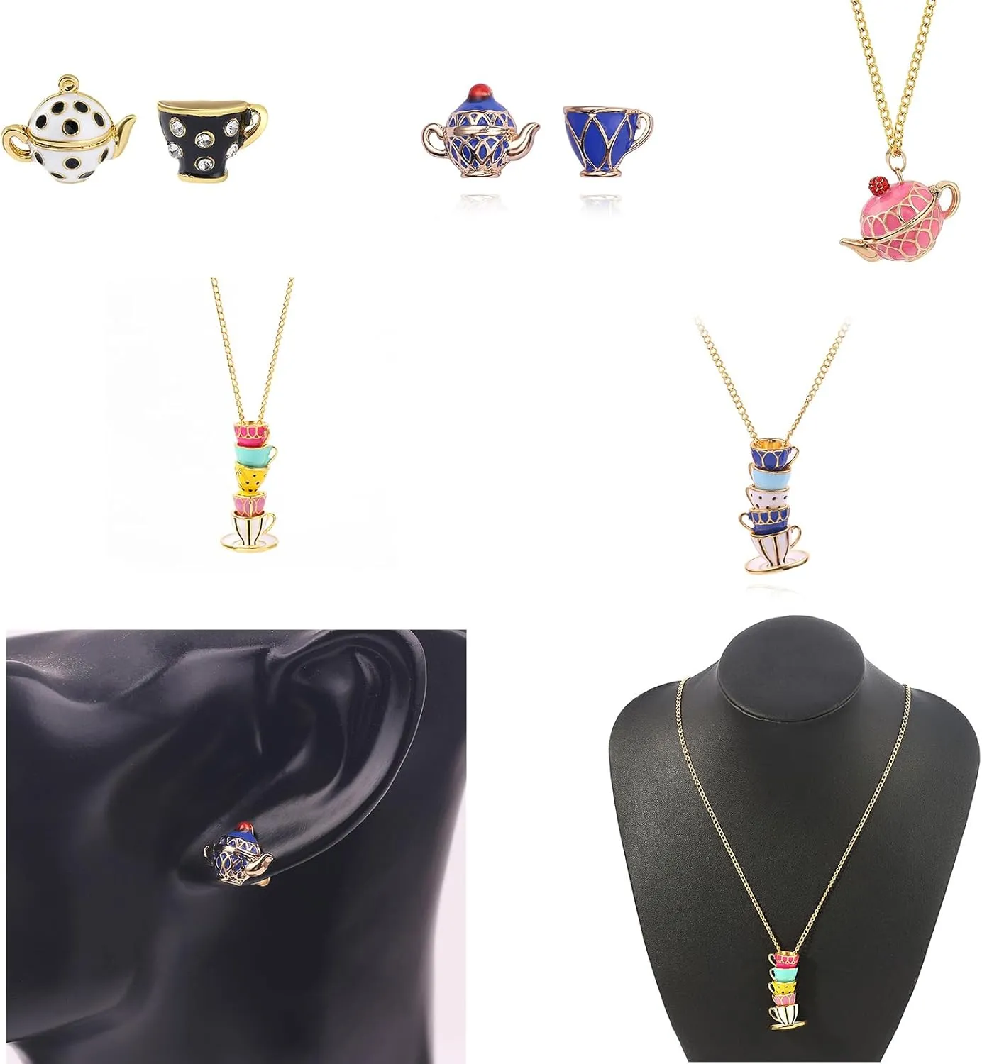 Unique Teapot Sweater Chain Necklace Pendant Necklace Teacup Studs Earring Alloy for Fashion Lover