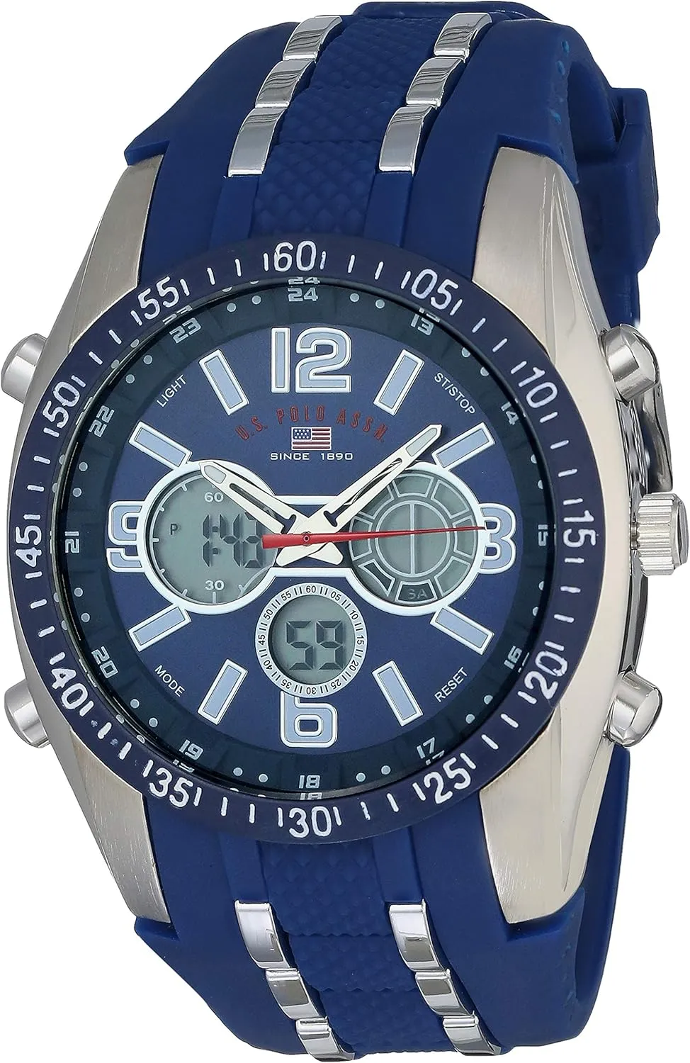 U.S. Polo Assn. Men's Sport Watch with Analog-Digital Display, Blue Silicone Strap, Backlight Timer Alarm Day Date, 44mm Case, Fits Wrists 6.5" to 8.5"