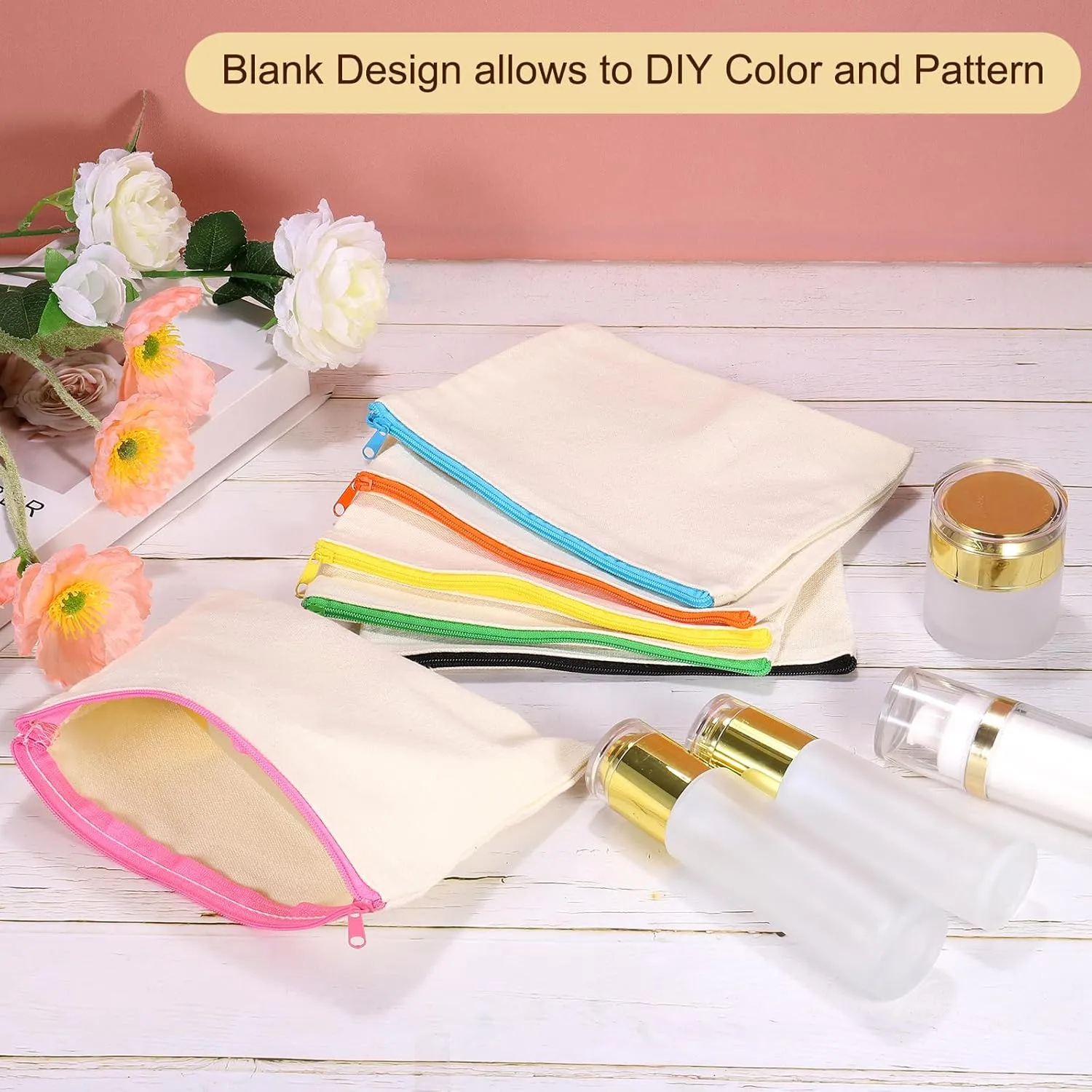 uxcell Canvas Makeup Bags, 12 Pcs Travel Cosmetic Bags Bulk, Multipurpose Blank Toiletry Zipper Pouches Blank DIY Craft Bags Pencil Bag for Women Teens, Green