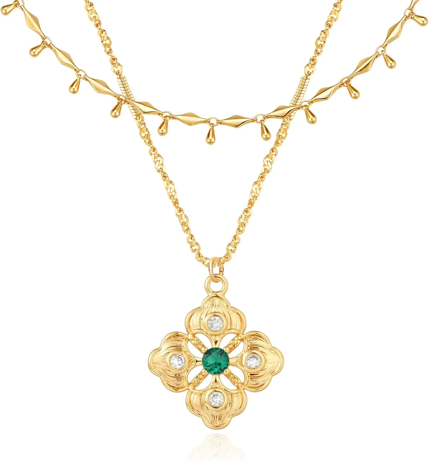 VALLOEY ROVER Gold Clover Necklace, Layered Necklaces for Women 14K Gold Plated Dainty Clover Pendant Necklace Set Link Chain Choker Necklaces Stackable Simple Gold Jewelry for Women