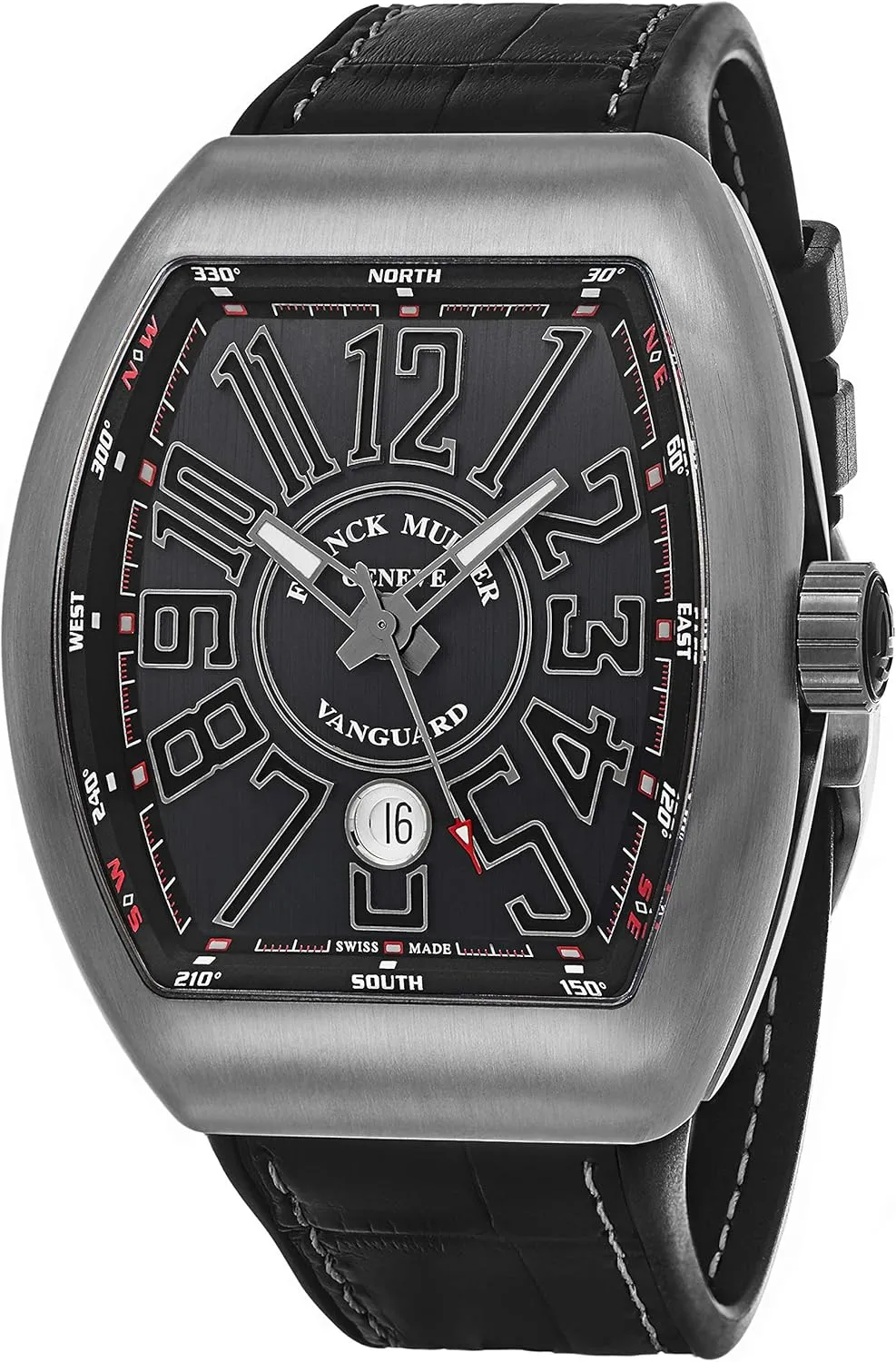 Vanguard Mens Titanium Swiss Made Automatic Watch - Tonneau Black Dial with Luminous Hands, Date and Sapphire Crystal - Black Leather/Rubber Strap V 45 SC DT TT BR NR