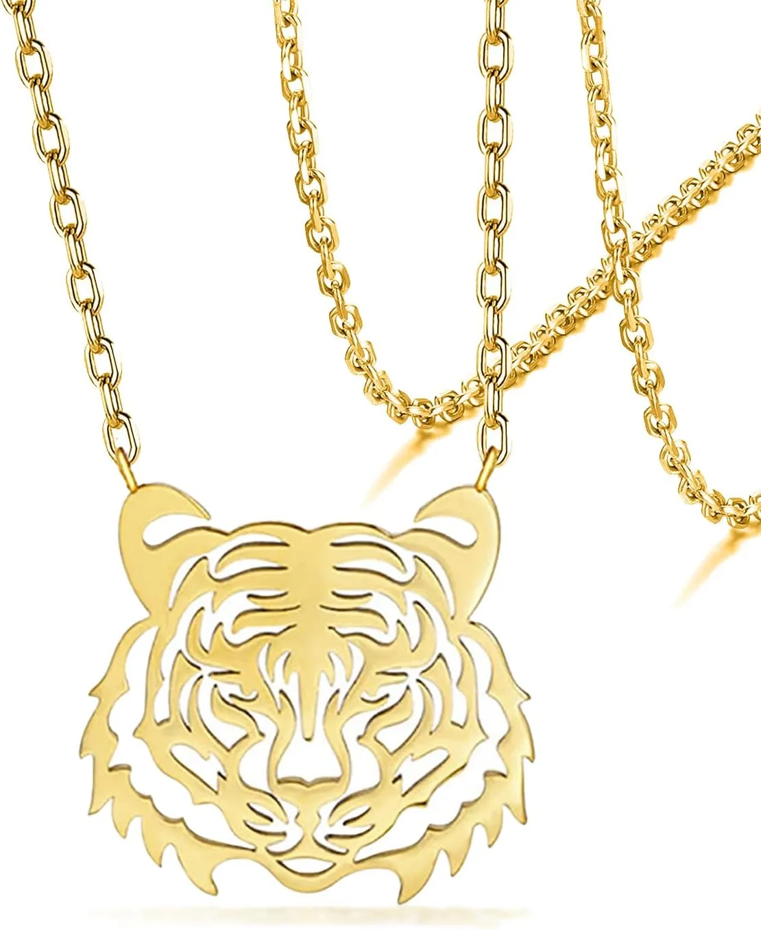 VASSAGO Tiger Animal Pendant Necklace for Women Stainless Steel Cute Africa Lions Tiger Face Necklaces Dainty Hollowed Charm Jewelry Gift