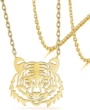 VASSAGO Tiger Animal Pendant Necklace for Women Stainless Steel Cute Africa Lions Tiger Face Necklaces Dainty Hollowed Charm Jewelry Gift